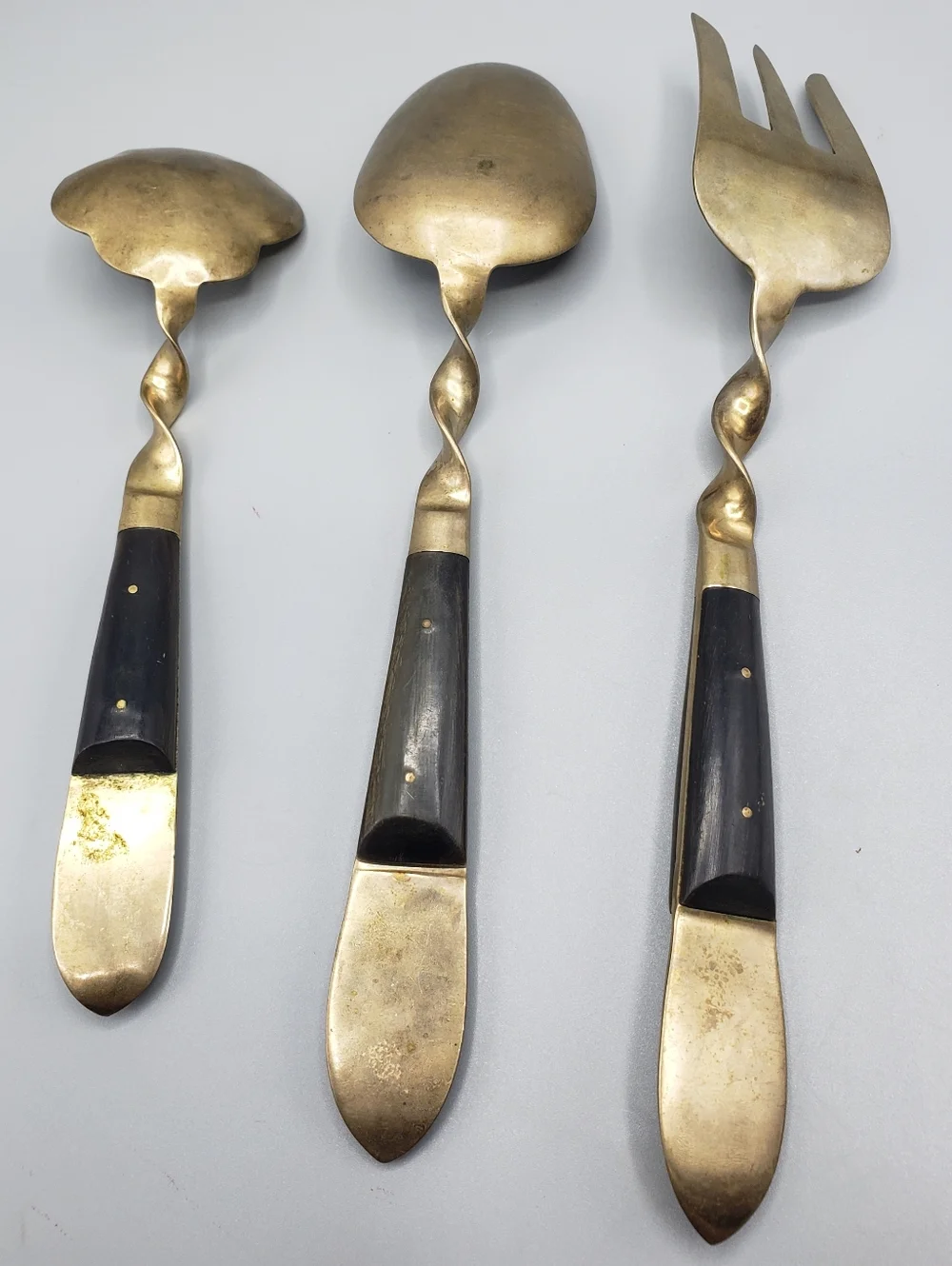 3p Brass Serving Set w/Twisted Details & Dark Wood Handles -Vintage Siam Buddha